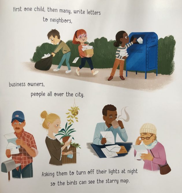 An illustration by Bonnie Pang in the book LIGHTS OUT of children mailing letters, then of adults reading them.