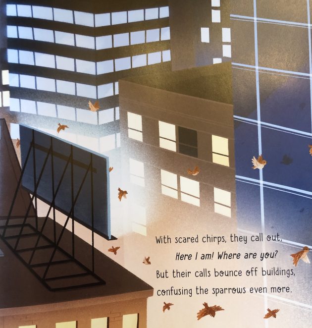 An illustration by Bonnie Pang in the book LIGHTS OUT of sparrows navigating through a city at night, with lights on the in the buildings. 