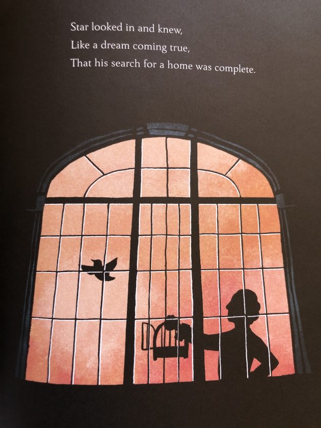 A silhouette of a man holding an empty birdcage and a bird flying free inside a home. 