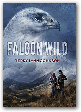 Cover of Falcon Wild - gyrfalcon in profile superimposed on two preteen kids on a mountain
